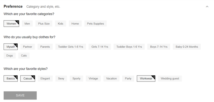 Screenshot SHEIN customer preferences