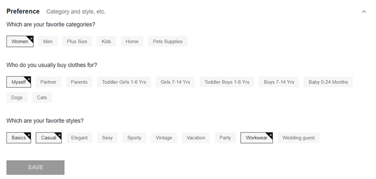 Screenshot SHEIN customer preferences Screenshot SHEIN customer preferences